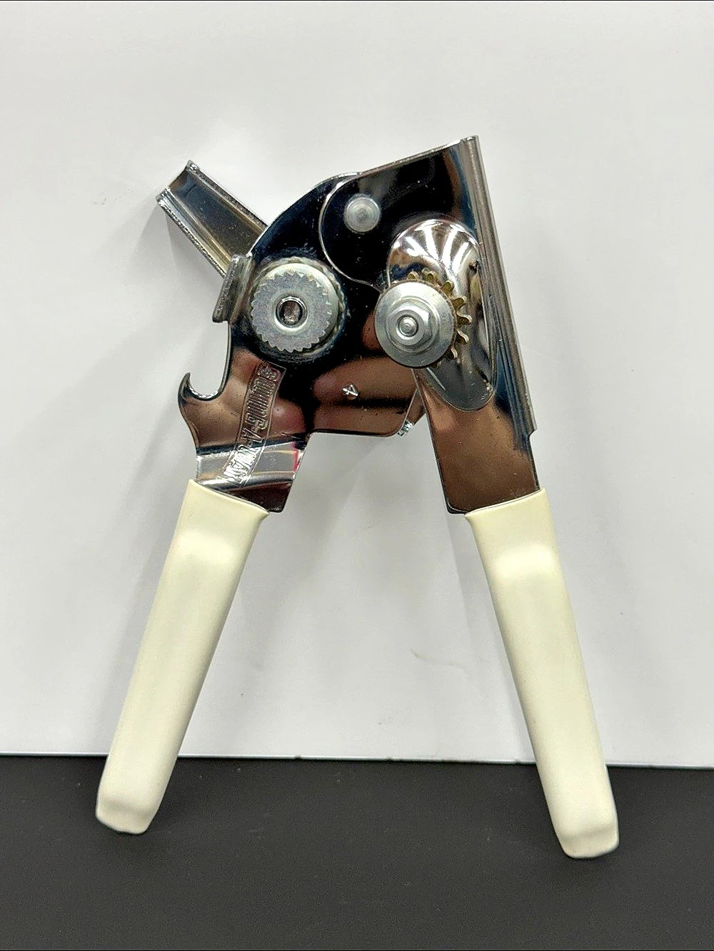 Vintage Swing-A-Way Manual Can Opener Ivory Handles Chrome Gear Drive Mid-Centur